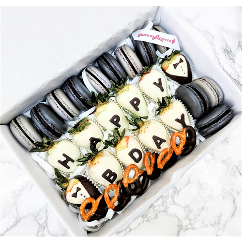 Macarons + Chocolate Dipped Strawberries Gift Box in Tuxedo, White, Black & Grey